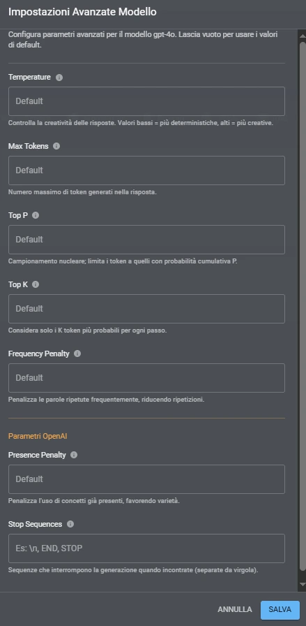 Impostazioni Avanzate Modello