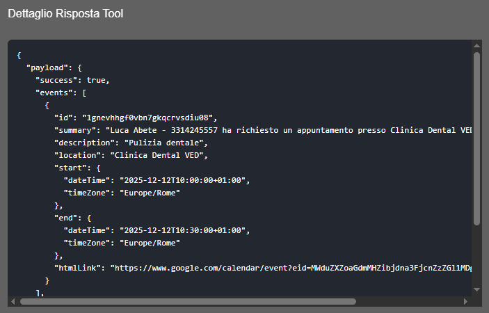 Modale dettaglio risposta tool con successo
