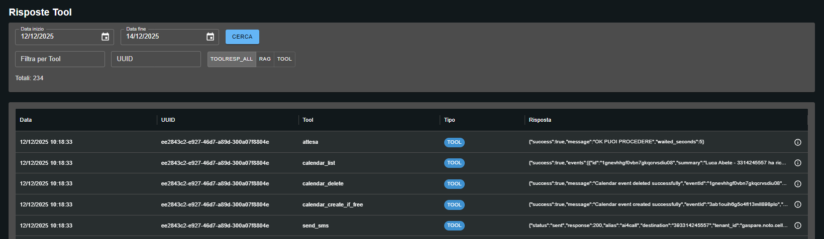 Schermata principale Risposte Tool